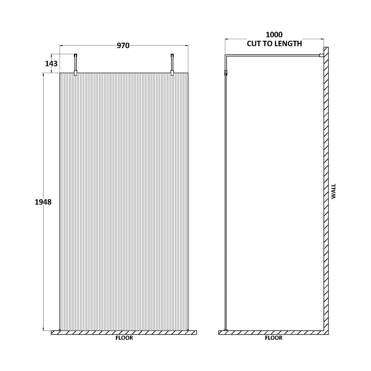 [BEFLAF1000BB] Balterley Contemporary Bathroom 8mm Fluted Glass Wetroom Screen with Arms & Feet, 2091 x 770 x 1000mm, Polished Chrome - Technical Drawing