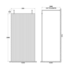 [BEFLAF1000CP] Balterley Contemporary Bathroom 8mm Fluted Glass Wetroom Screen with Arms & Feet, 2091 x 770 x 1000mm, Polished Chrome - Technical Drawing
