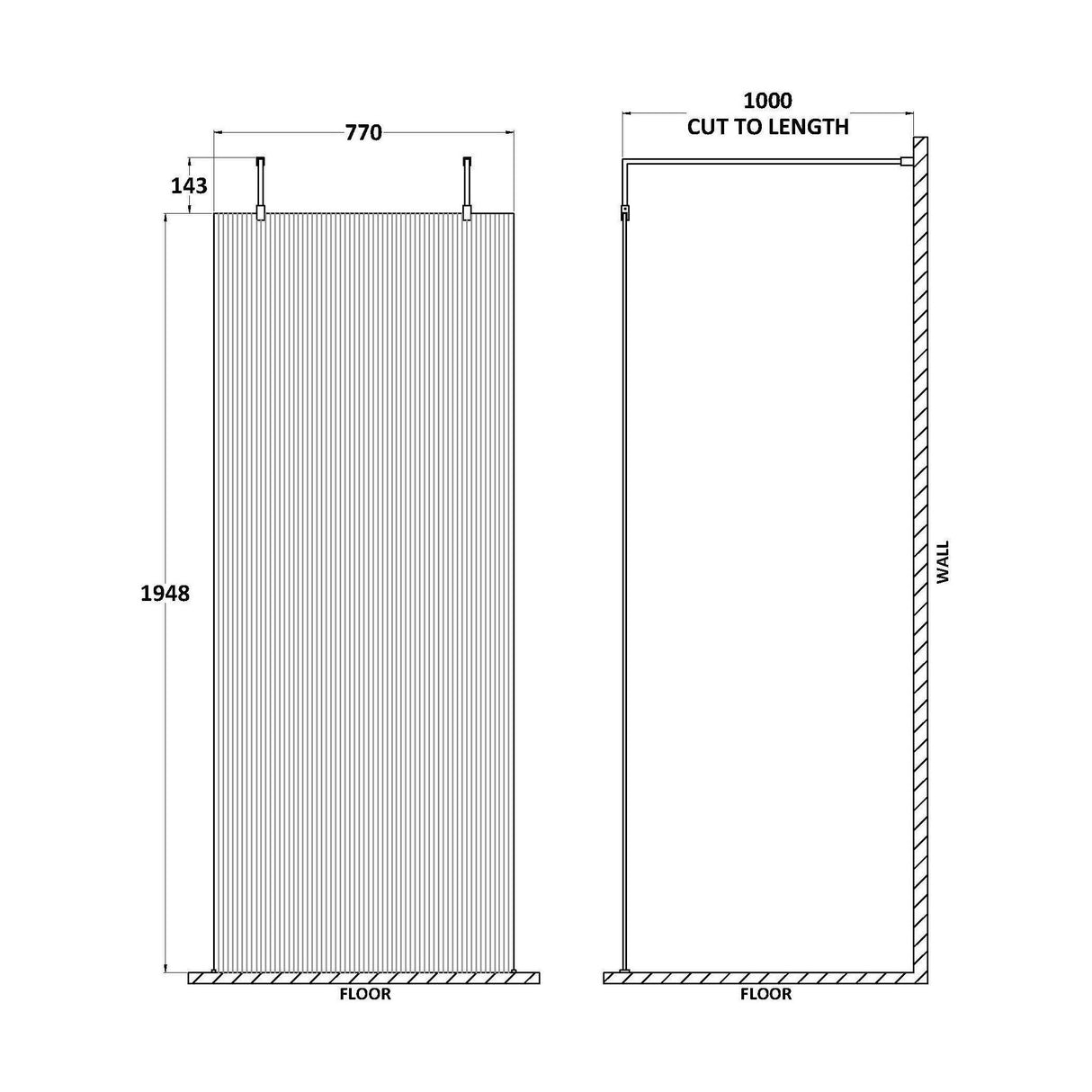 [BEFLAF800CP] Balterley Contemporary Bathroom 8mm Fluted Glass Wetroom Screen with Arms & Feet, 2091 x 770 x 1000mm, Polished Chrome - Technical Drawing