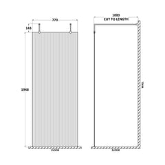 [BEFLAF800CP] Balterley Contemporary Bathroom 8mm Fluted Glass Wetroom Screen with Arms & Feet, 2091 x 770 x 1000mm, Polished Chrome - Technical Drawing