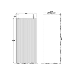 [BEFLAF900BB] Balterley Contemporary 8mm Fluted Glass Wetroom Screen with Arms & Feet, H: 2091mm - Choice of Size and Colour - Technical Drawing