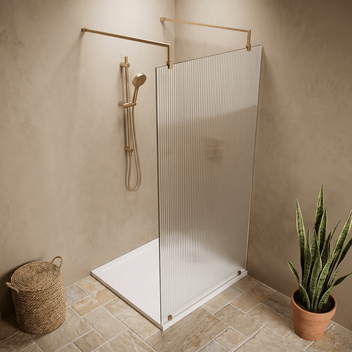 [BEFLAF900BB] Balterley Contemporary 8mm Fluted Glass Wetroom Screen with Arms & Feet, H: 2091mm - Choice of Size and Colour - Lifestyle 2