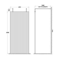 [BEFLAF900CP] Balterley Contemporary Bathroom 8mm Fluted Glass Wetroom Screen with Arms & Feet, 2091 x 770 x 1000mm, Polished Chrome - Technical Drawing