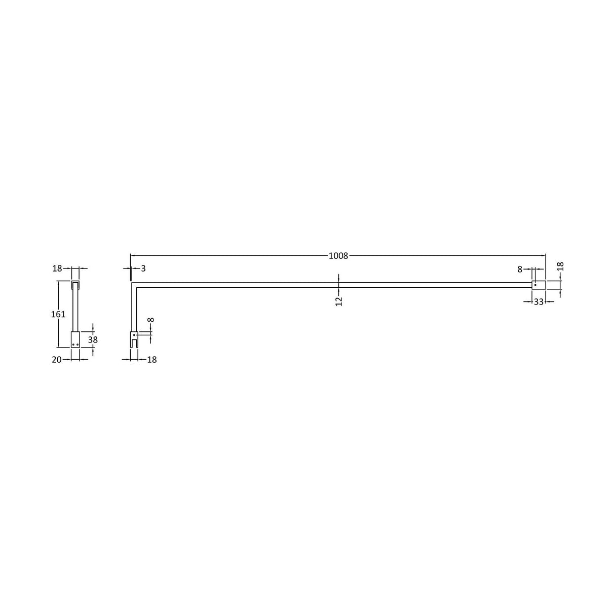 [BEFX025] Contemporary Screen Support Bar Kit Wetroom Accessories, Choice of Colour - Technical Drawing