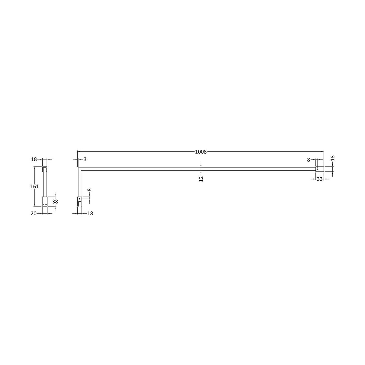 [BEFX028] Contemporary Screen Support Bar Kit Wetroom Accessories, Choice of Colour - Technical Drawing