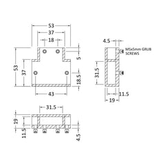[BEFX031] Balterley Wetroom Arm T Piece (for use with Flat Support Bar) - Chrome - Technical Drawing