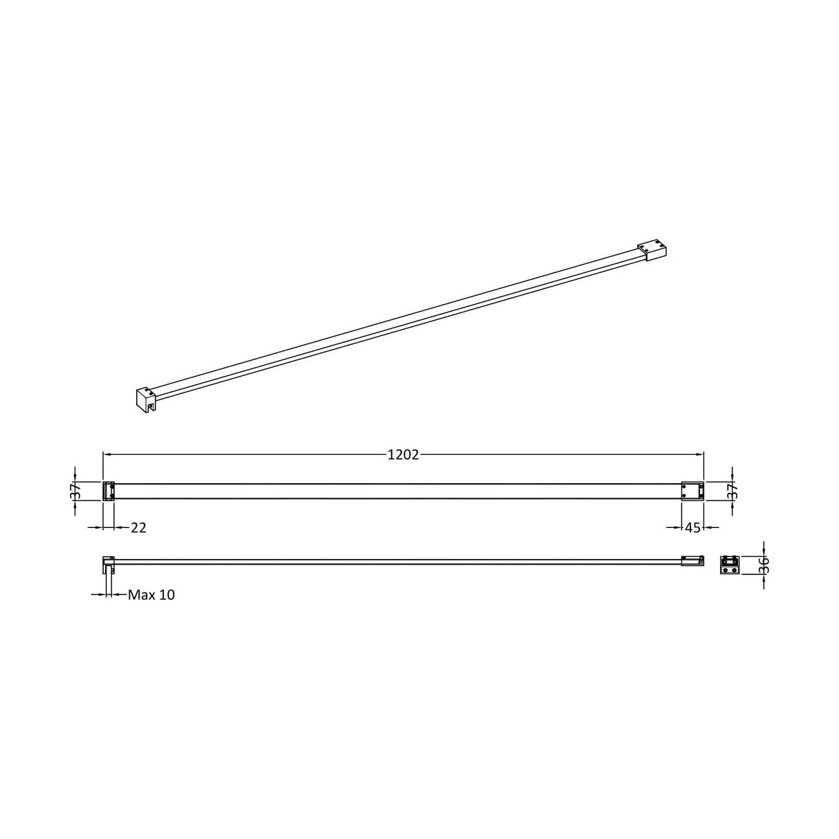 [BEFX080] Wetroom Screen Support Bar - Technical Drawing