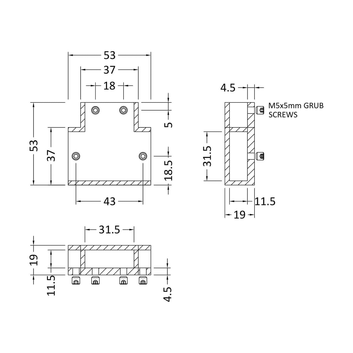 [BEFX081] Wetroom Arm T Piece for Flat Support Bar - Choice of Finish - Technical Drawing