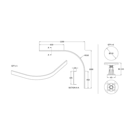 [BELG5W] Shower Tray Leg Set - White - For 700mm-900mm Quadrant Resin Trays - Technical Drawing