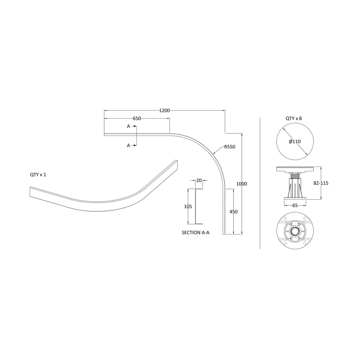 [BELG6W] Shower Tray Leg Set for 1000 - 1200mm Quadrant Shower Trays, Choice of Colour - Technical Drawing