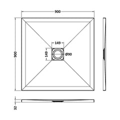 [BELT61010] Balterley Shower Tray Ultra-Slim 32mm Low-Profile Square - Choice of Size and Finish - Technical Drawing