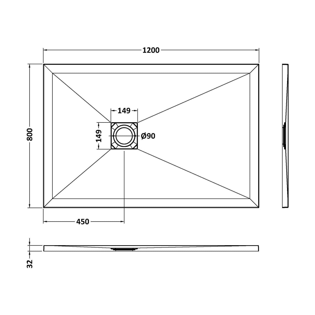 [BELT61023] Balterley Shower Tray Premium Slimline Rectangular - Multiple Sizes and Finishes - Technical Drawing
