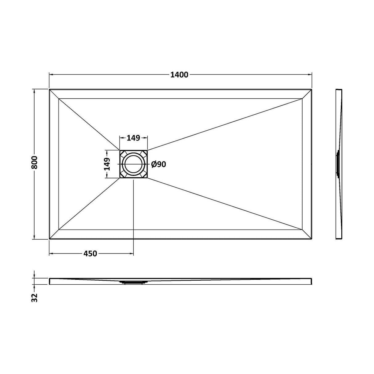 [BELT61033] Balterley Shower Tray Premium Slimline Rectangular - Multiple Sizes and Finishes - Technical Drawing