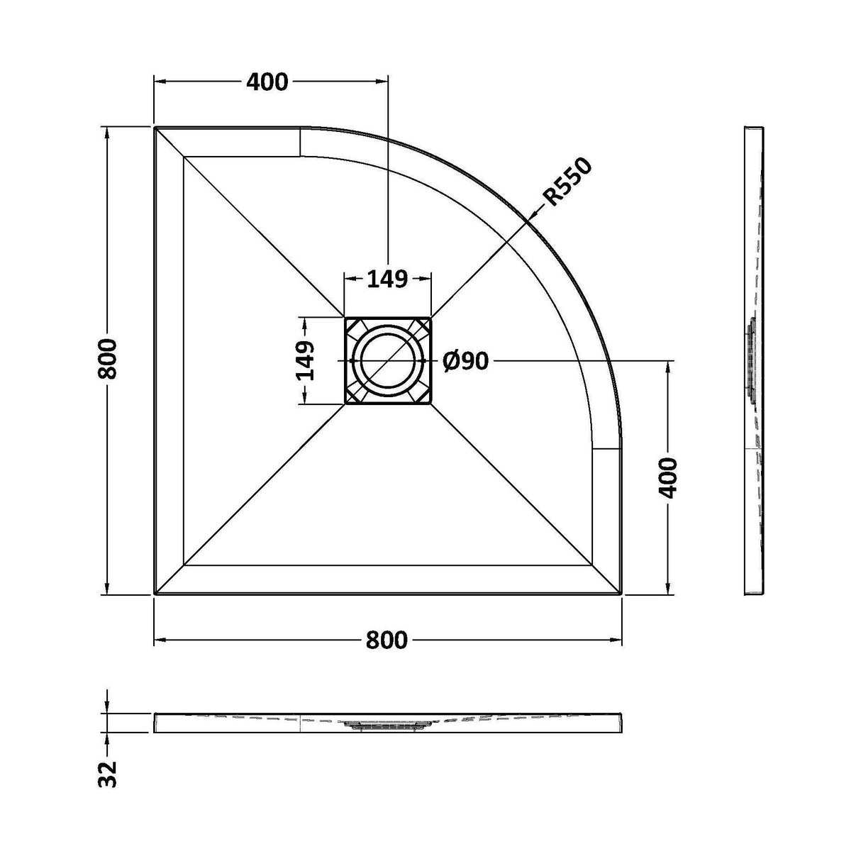 [BELT61105] Balterley Shower Tray Premium Slimline Quadrant - Multiple Sizes and Finishes - Technical Drawing