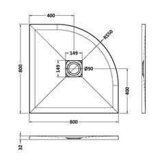 [BELT61105] Balterley Shower Tray Premium Slimline Quadrant - Multiple Sizes and Finishes - Technical Drawing