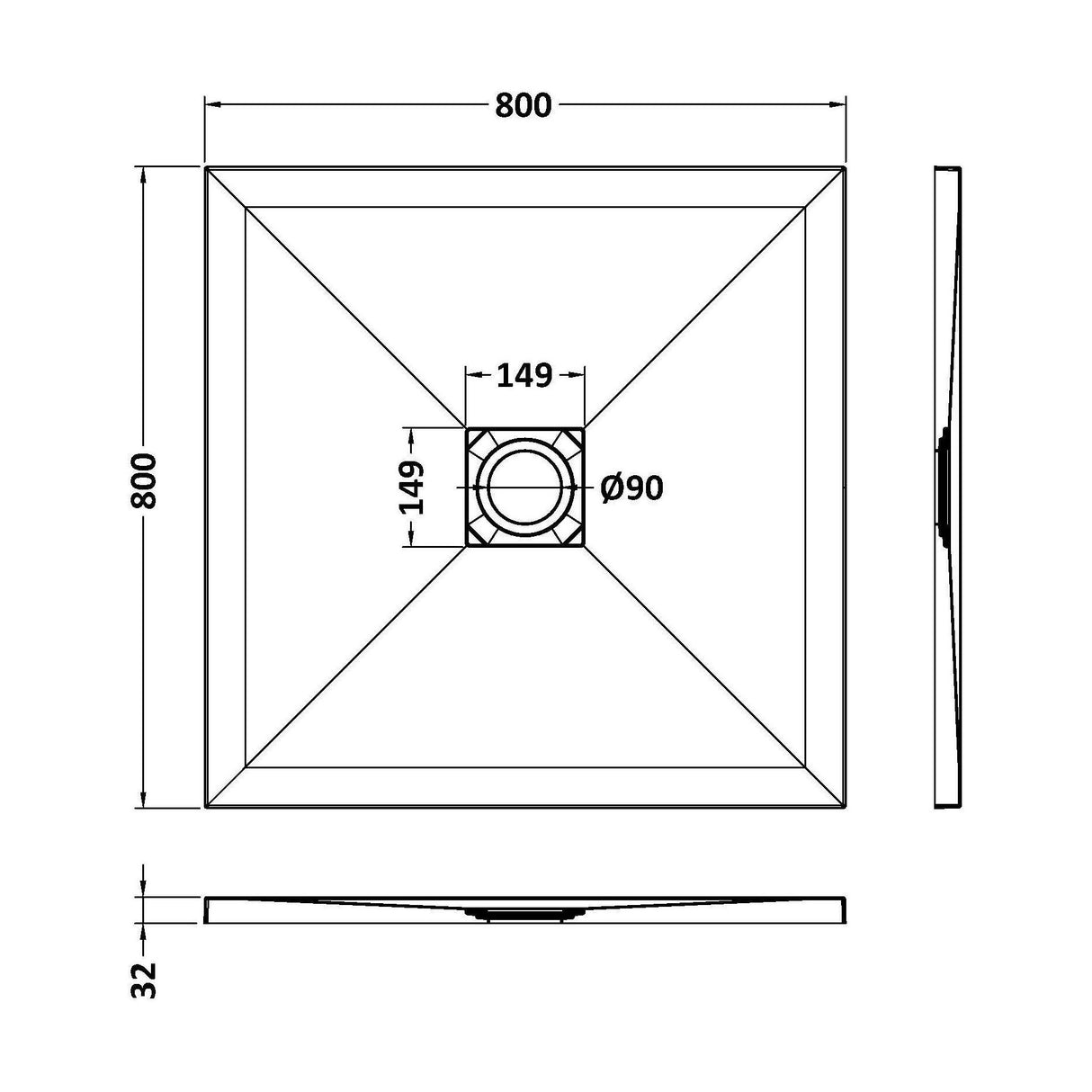 [BELT71006] Balterley Shower Tray Ultra-Slim 32mm Low-Profile Square - Choice of Size and Finish - Technical Drawing