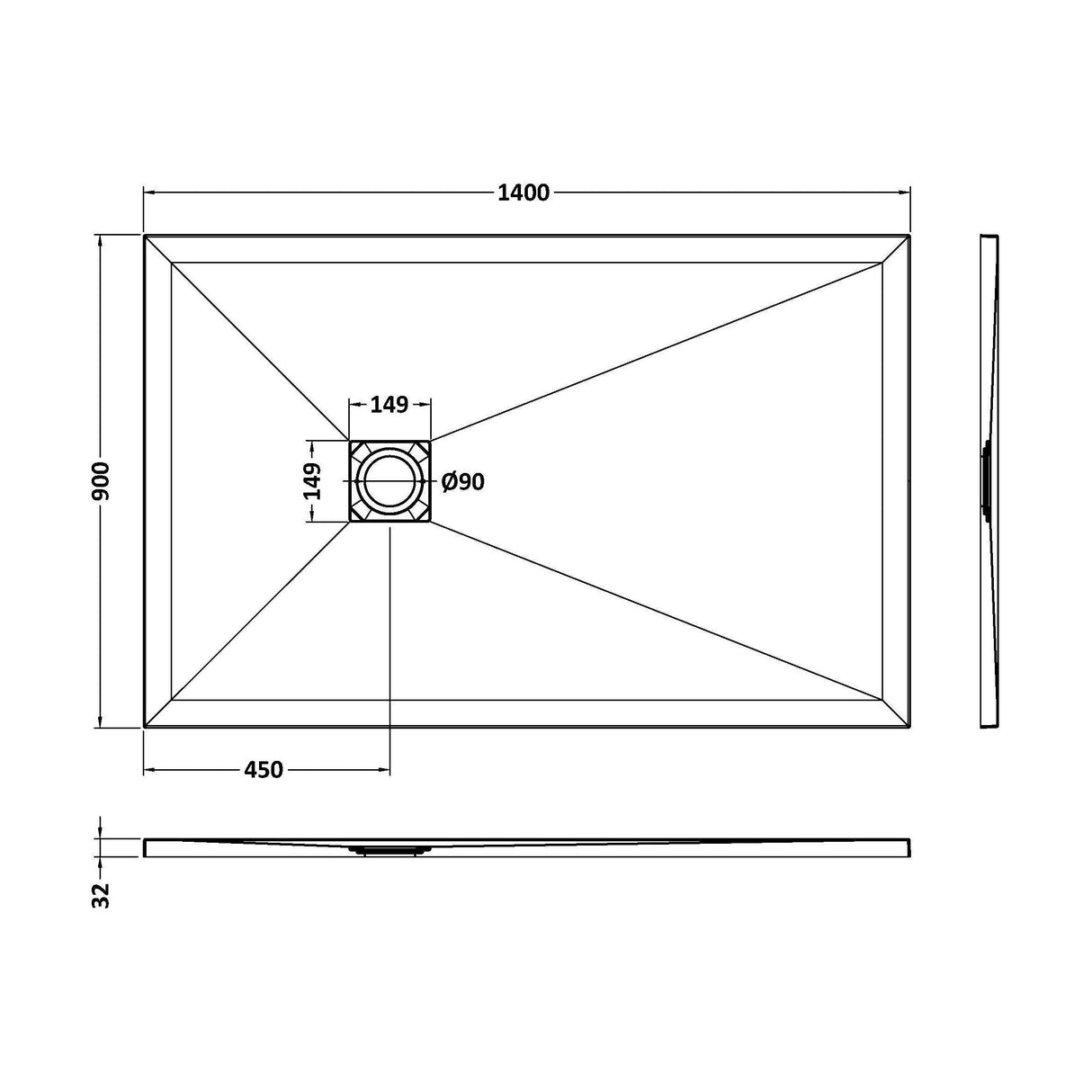 [BELT71034] Balterley Shower Tray Premium Slimline Rectangular - Multiple Sizes and Finishes - Technical Drawing