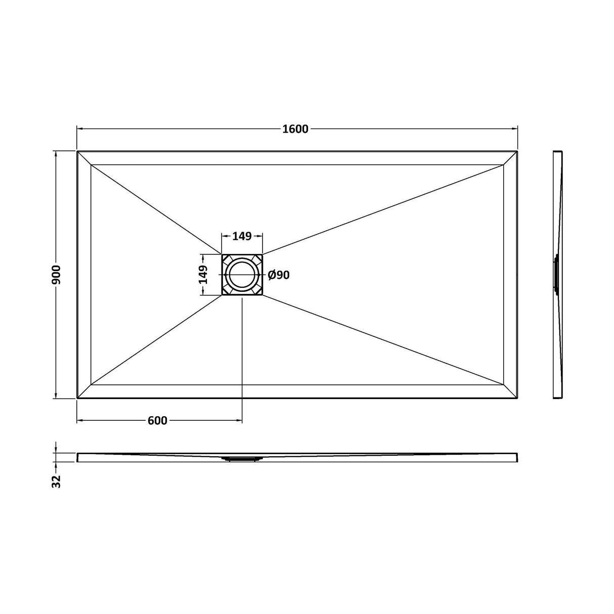 [BELT71054] Balterley Shower Tray Premium Slimline Rectangular - Multiple Sizes and Finishes - Technical Drawing
