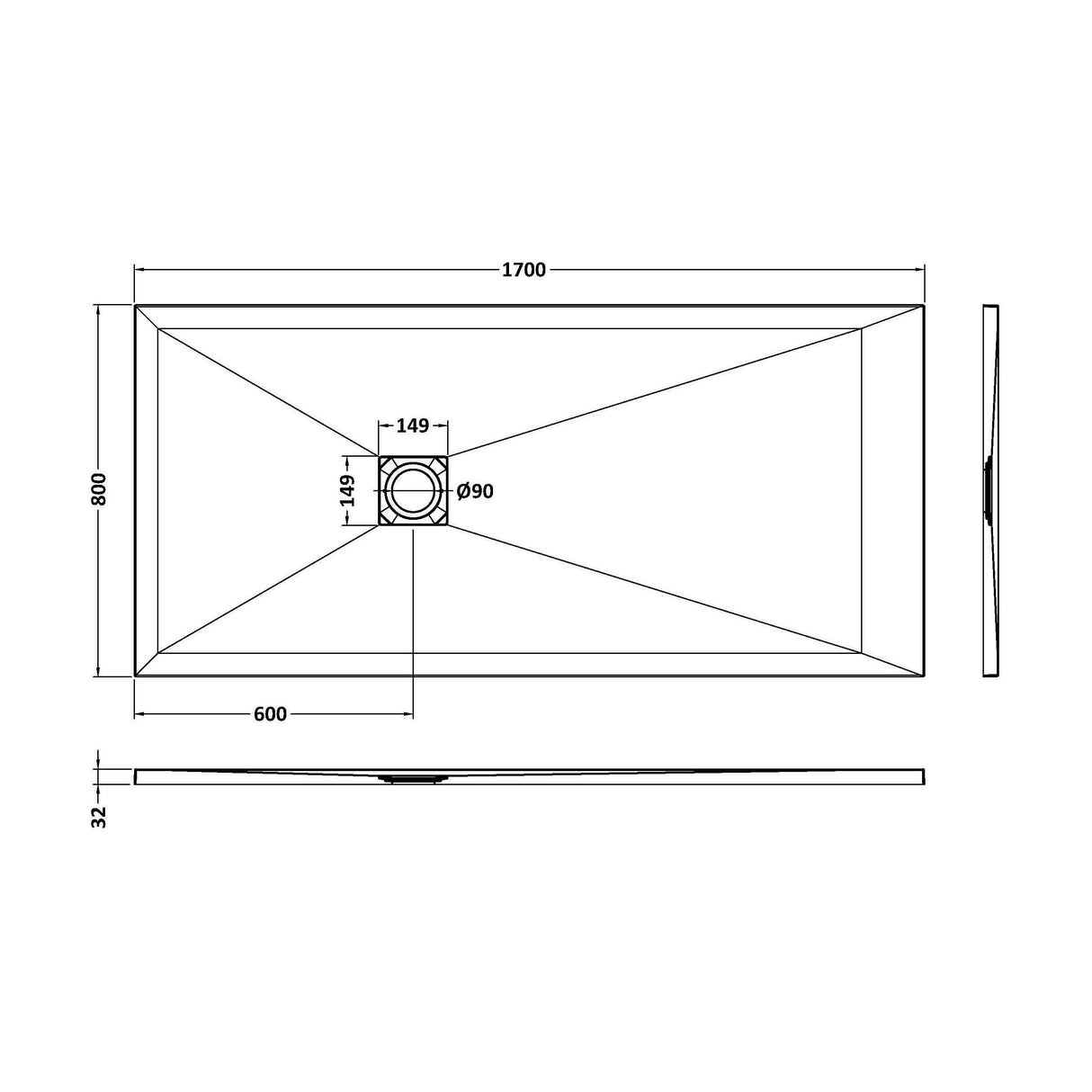 [BELT71063] Balterley Shower Tray Premium Slimline Rectangular - Multiple Sizes and Finishes - Technical Drawing