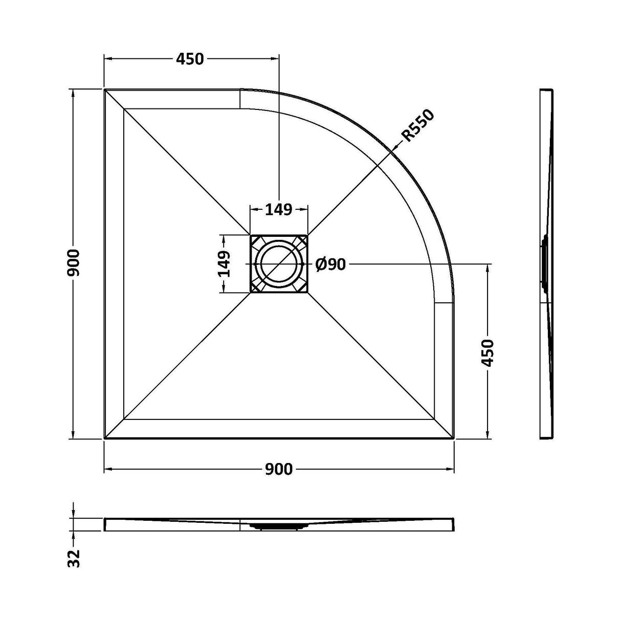[BELT71106] Balterley Shower Tray Premium Slimline Quadrant - Multiple Sizes and Finishes - Technical Drawing