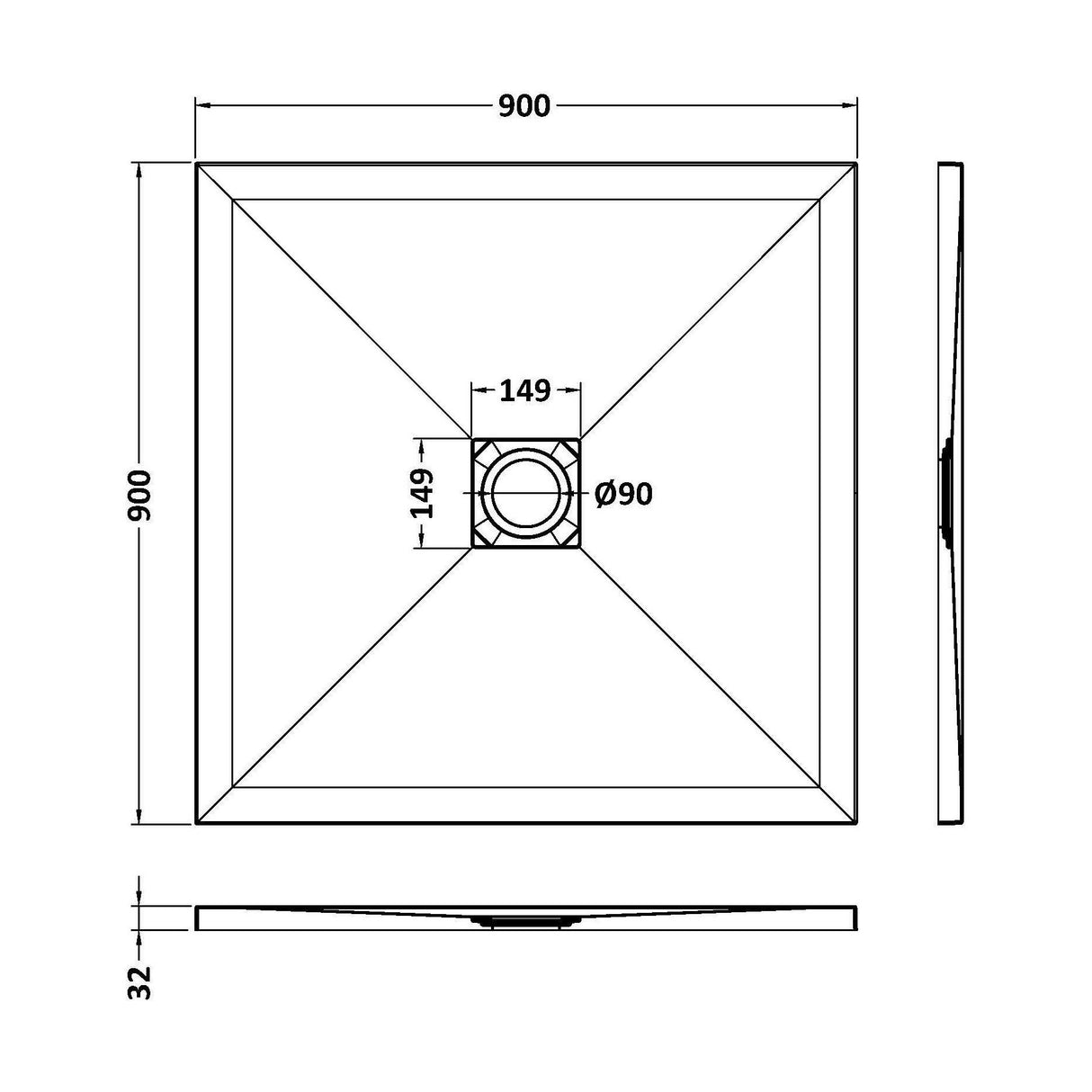 [BELT91010] Balterley Shower Tray Ultra-Slim 32mm Low-Profile Square - Choice of Size and Finish - Technical Drawing