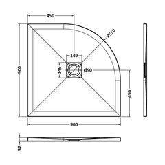 [BELT91106] Balterley Shower Tray Premium Slimline Quadrant - Multiple Sizes and Finishes - Technical Drawing