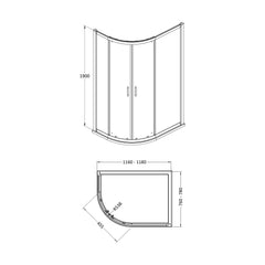 [BELUQ128-E8] Ellenhall 8mm Glass Offset Quadrant Shower Enclosure, 1900mm Height - Choice of Colour - Technical Drawing