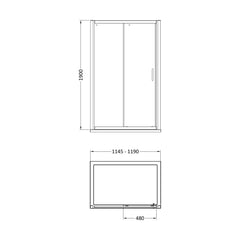 [BELUSL12-E8] Ellenhall 8mm Toughened Safety Glass Sliding Shower Door, 1900mm Height - Choice of Size and Finish - Technical Drawing