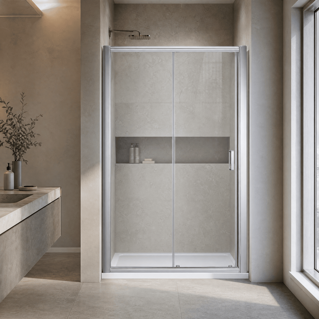 [BELUSL12-E8] Ellenhall 8mm Toughened Safety Glass Sliding Shower Door, 1900mm Height - Choice of Size and Finish - Lifestyle 1