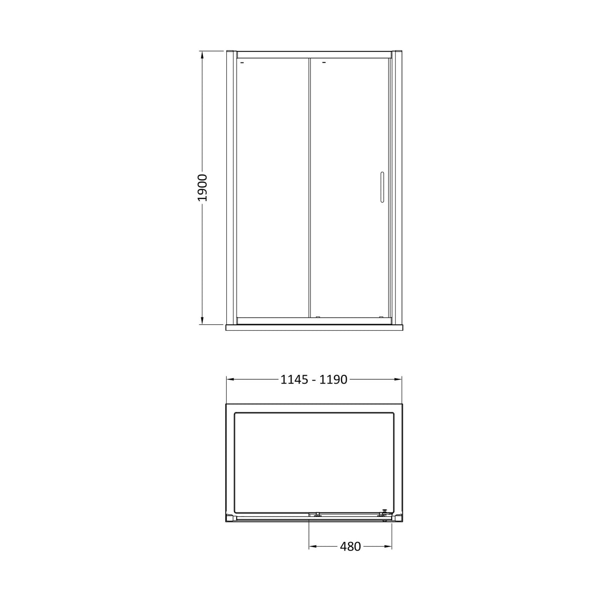 [BELUSL12BB-E8] Ellenhall 8mm Toughened Safety Glass Sliding Shower Door, 1900mm Height - Choice of Size and Finish - Technical Drawing