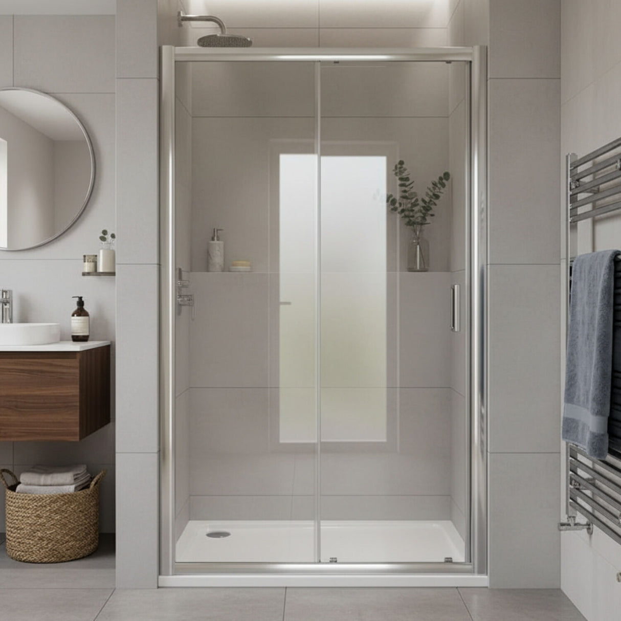 [BELUSL14-E8] Ellenhall 8mm Toughened Safety Glass Sliding Shower Door, 1900mm Height - Choice of Size and Finish - Silo