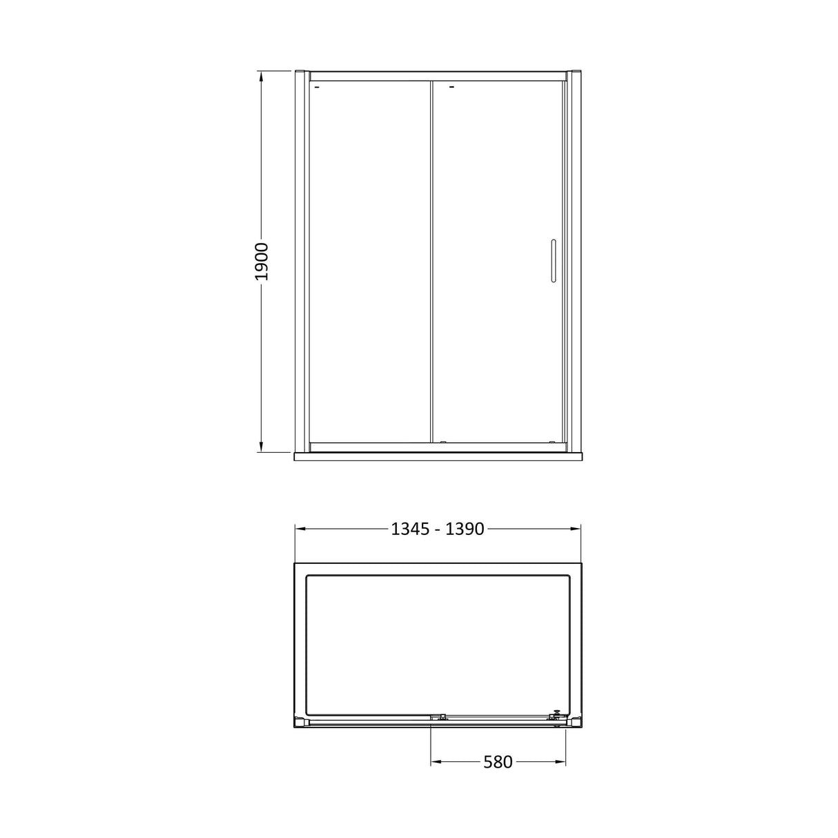 [BELUSL14BP-E8] Ellenhall 8mm Toughened Safety Glass Sliding Shower Door, 1900mm Height - Choice of Size and Finish - Technical Drawing