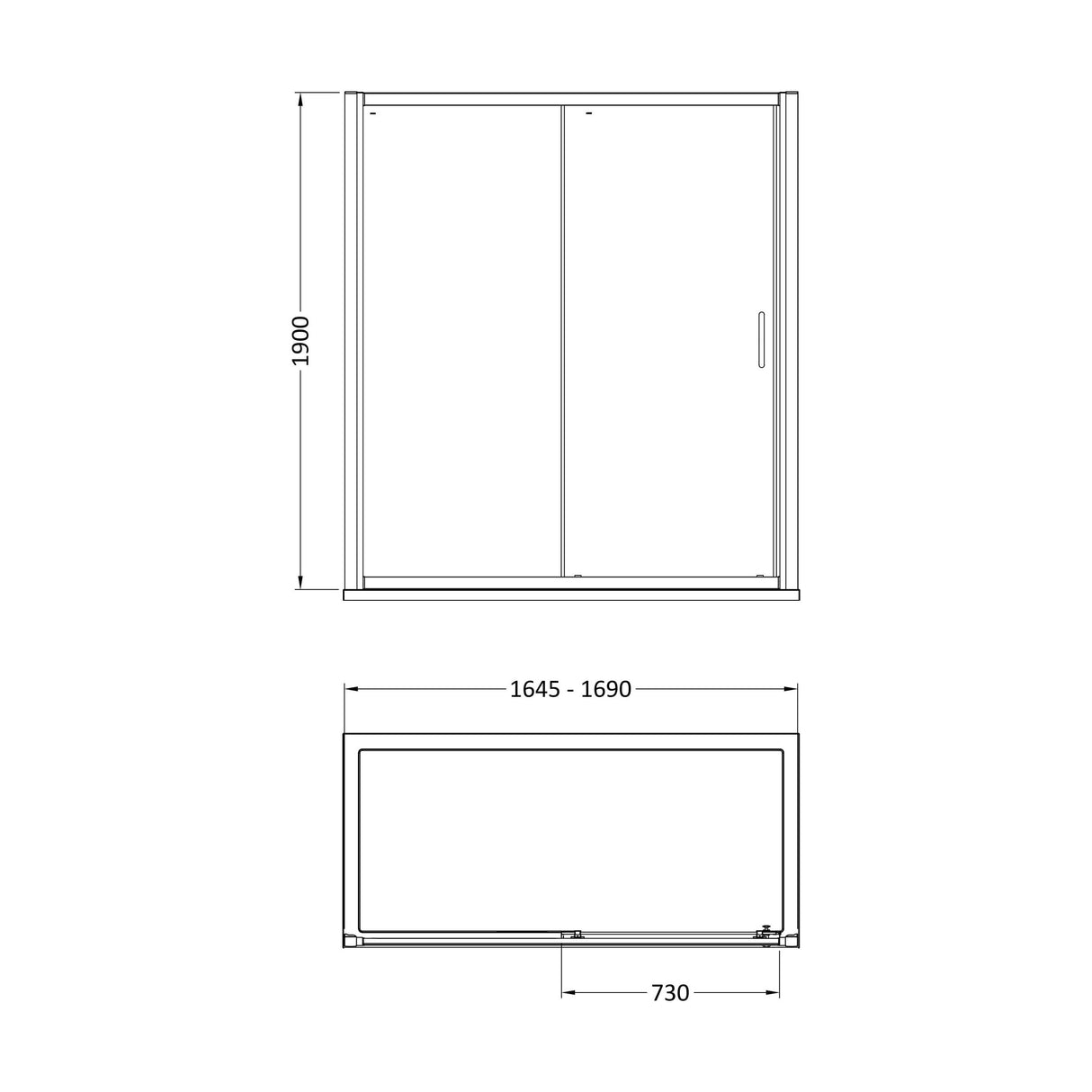 [BELUSL17-E8] Ellenhall 8mm Toughened Safety Glass Sliding Shower Door, 1900mm Height - Choice of Size and Finish - Technical Drawing