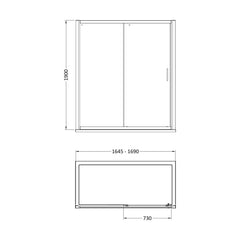 [BELUSL17BB-E8] Ellenhall 8mm Toughened Safety Glass Sliding Shower Door, 1900mm Height - Choice of Size and Finish - Technical Drawing