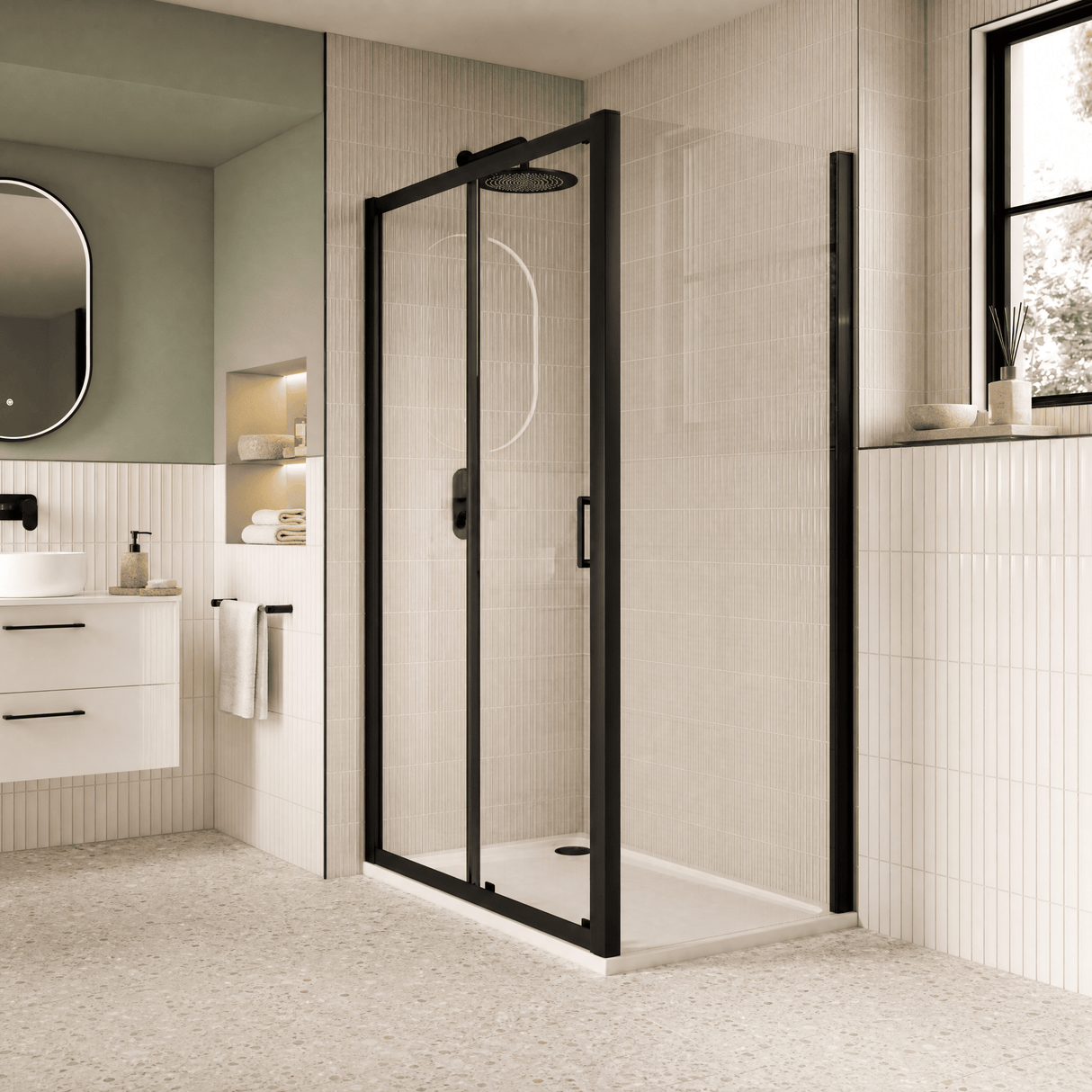 [BELUSL17BP-E8] Ellenhall 8mm Toughened Safety Glass Sliding Shower Door, 1900mm Height - Choice of Size and Finish - Lifestyle 2