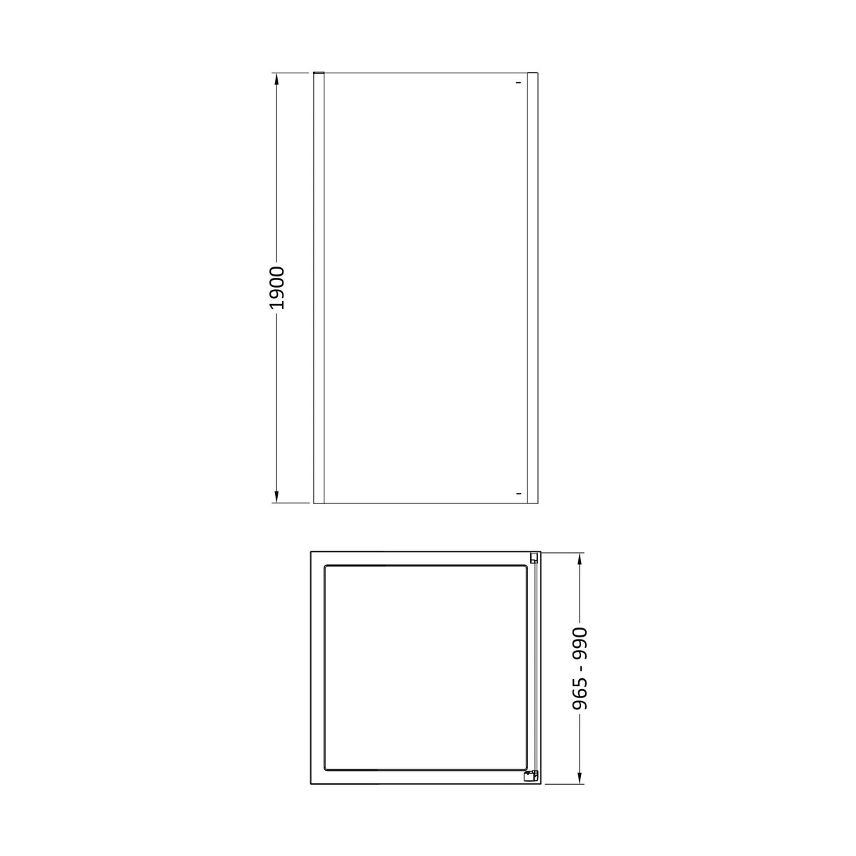 [BELUSP10BP-E8] Ellenhall 8mm Toughened Safety Glass Shower Side Panel, 1900mm Height - Choice of Size and Finish - Technical Drawing