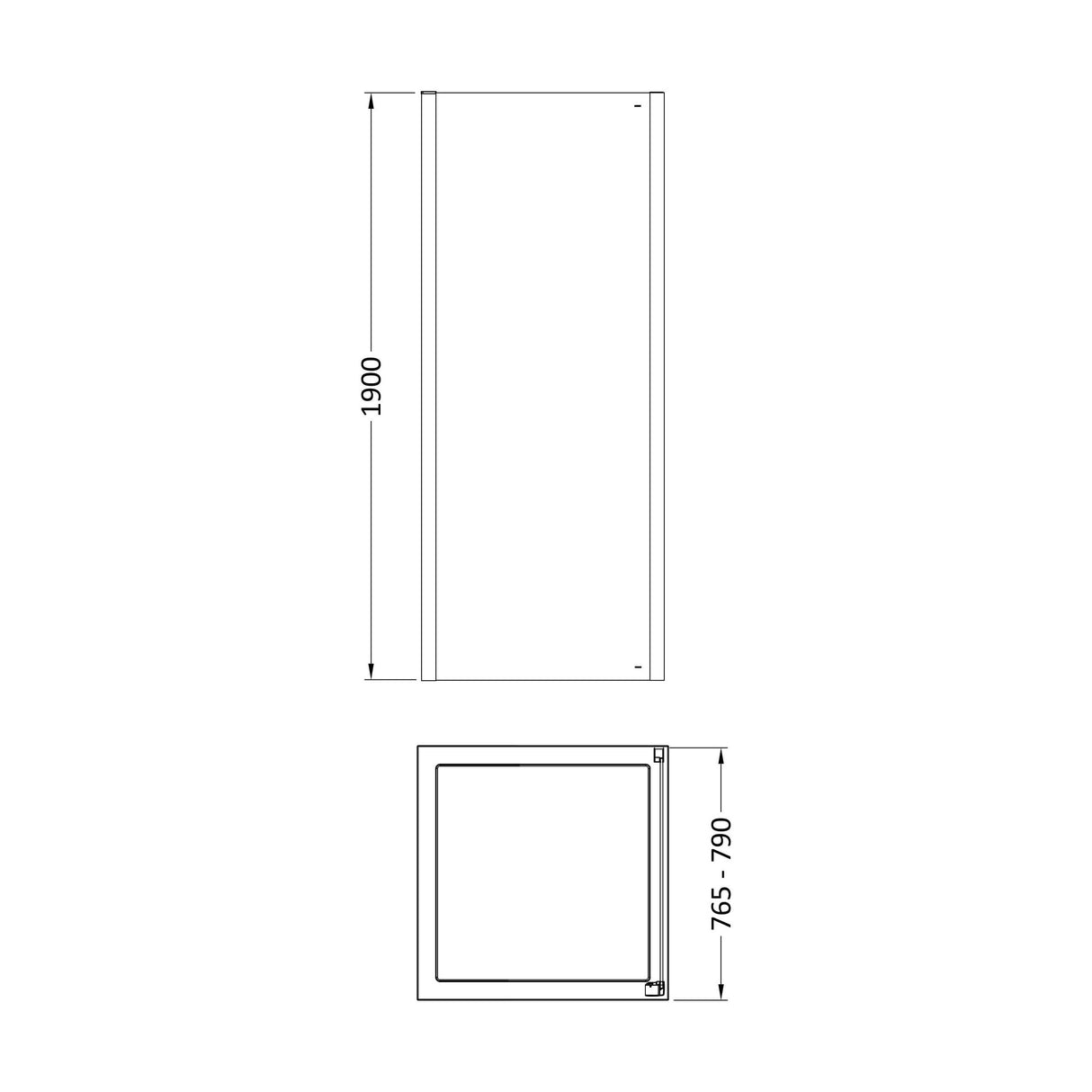 [BELUSP80BP-E8] Ellenhall 8mm Toughened Safety Glass Shower Side Panel, 1900mm Height - Choice of Size and Finish - Technical Drawing