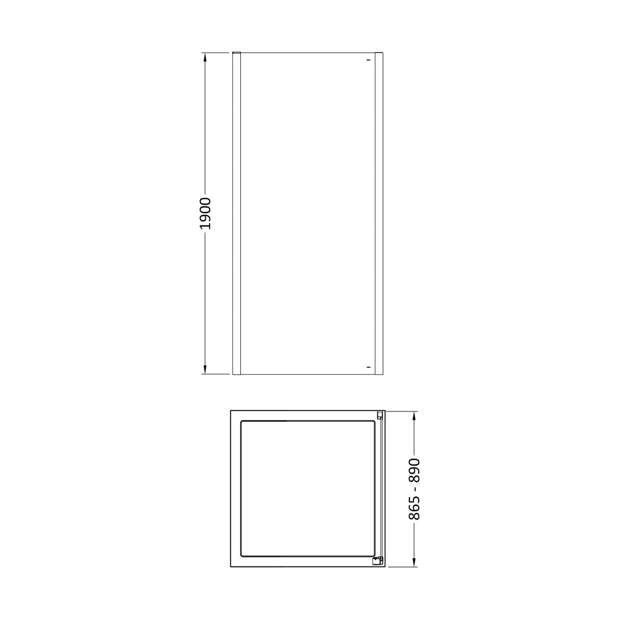 [BELUSP90BB-E8] Ellenhall 8mm Toughened Safety Glass Shower Side Panel, 1900mm Height - Choice of Size and Finish - Technical Drawing