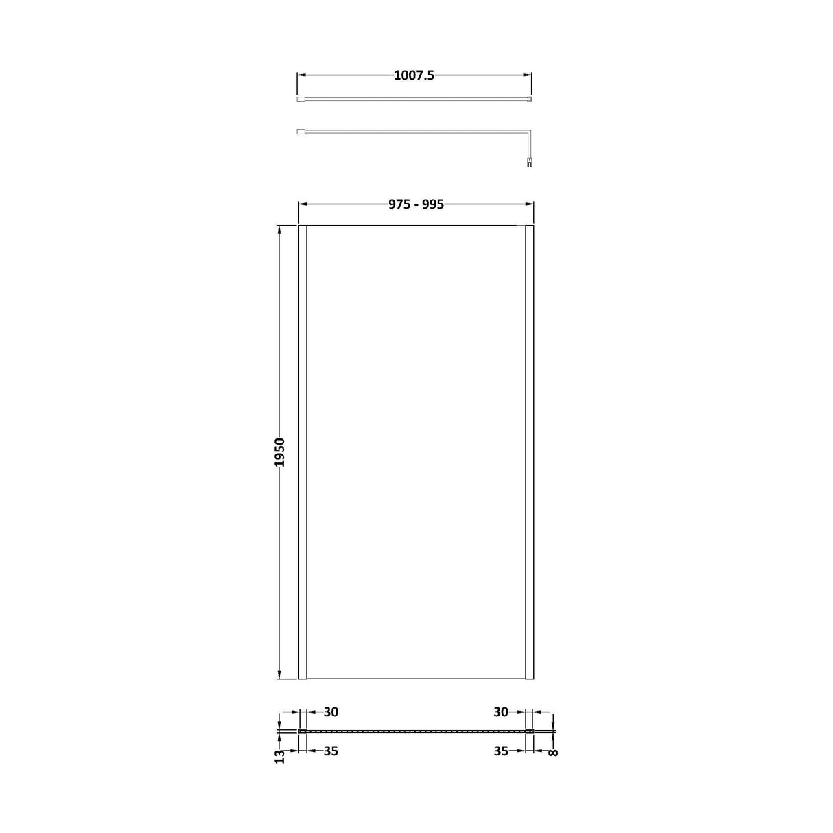[BEOF1000BB] Enson 8mm Toughened Safety Glass Outer Frame Wetroom Screen with Support Arm, H: 1950mm, Choice of Size and Colour - Technical Drawing