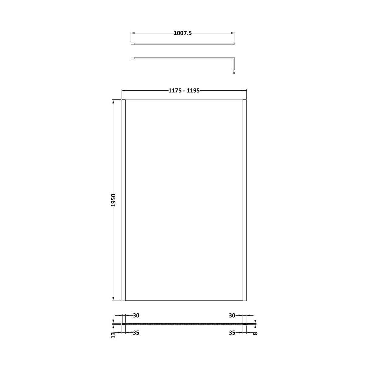 [BEOF1200BB] Enson 8mm Toughened Safety Glass Outer Frame Wetroom Screen with Support Arm, H: 1950mm, Choice of Size and Colour - Technical Drawing