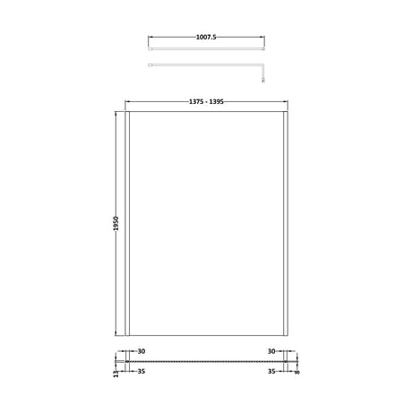 [BEOF1400BB] Balterley Contemporary Bathroom 8mm Glass Outer Framed Wetroom Screen with Support Bar, Brushed Brass, 1950 x 1400 x 14mm - Technical Drawing