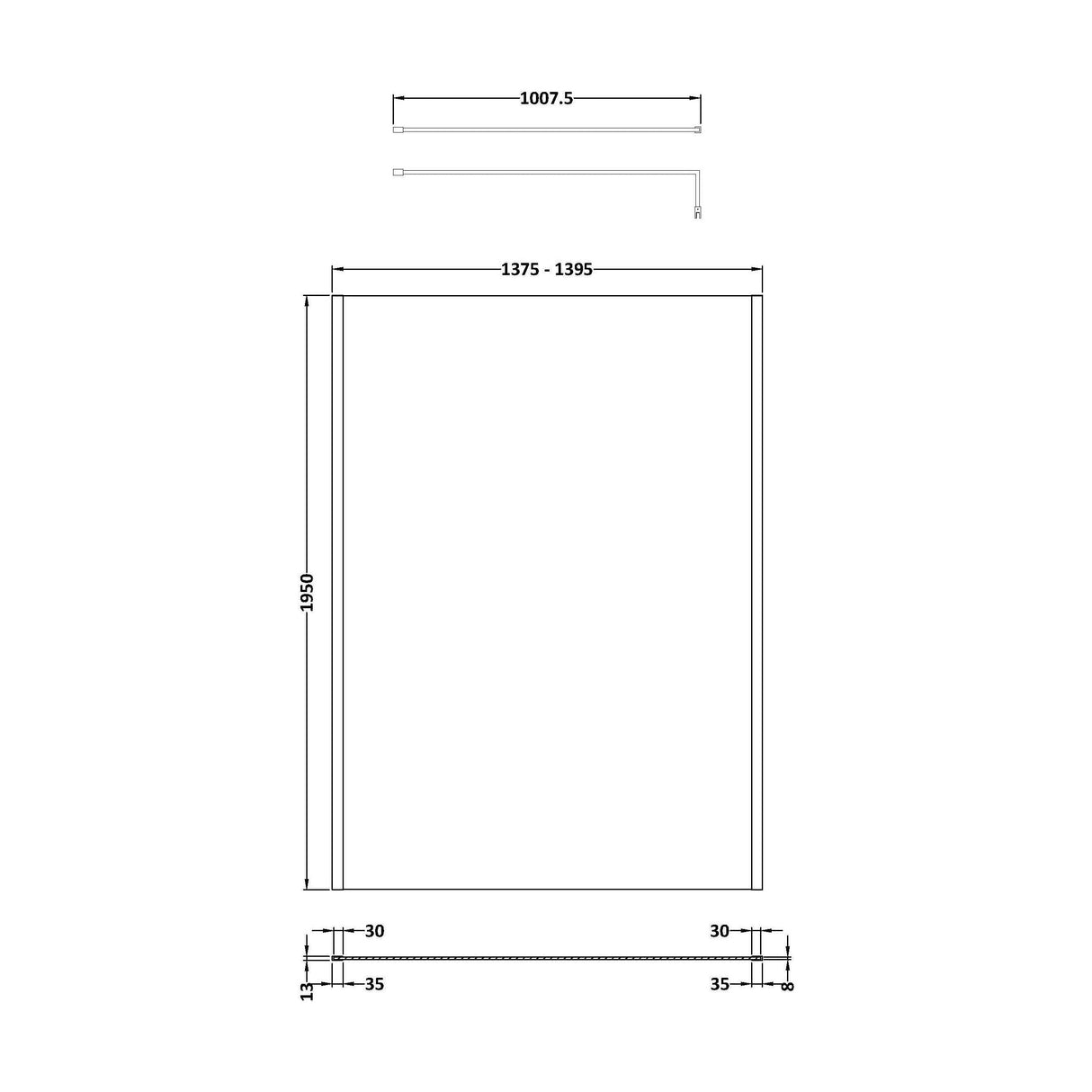[BEOF1400MB] Enson 8mm Toughened Safety Glass Outer Frame Wetroom Screen with Support Arm, H: 1950mm, Choice of Size and Colour - Technical Drawing