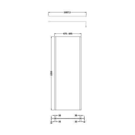 [BEOF700MB] Balterley Contemporary Bathroom 8mm Glass Outer Framed Wetroom Screen with Support Bar, Matt Black, 1950 x 700 x 14mm - Technical Drawing