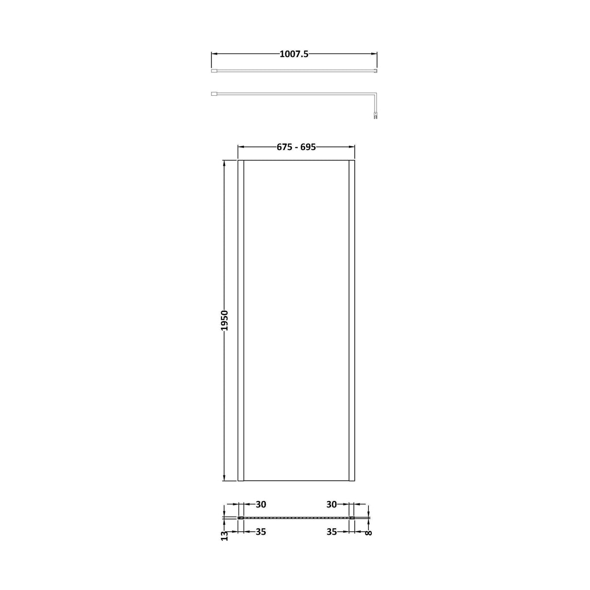 [BEOF700MB] Enson 8mm Toughened Safety Glass Outer Frame Wetroom Screen with Support Arm, H: 1950mm, Choice of Size and Colour - Technical Drawing