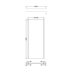 [BEOF800BB] Balterley Contemporary Bathroom 8mm Glass Outer Framed Wetroom Screen with Support Bar, Brushed Brass, 1950 x 800 x 14mm - Technical Drawing