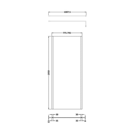 [BEOF800BB] Balterley Contemporary Bathroom 8mm Glass Outer Framed Wetroom Screen with Support Bar, Brushed Brass, 1950 x 800 x 14mm - Technical Drawing