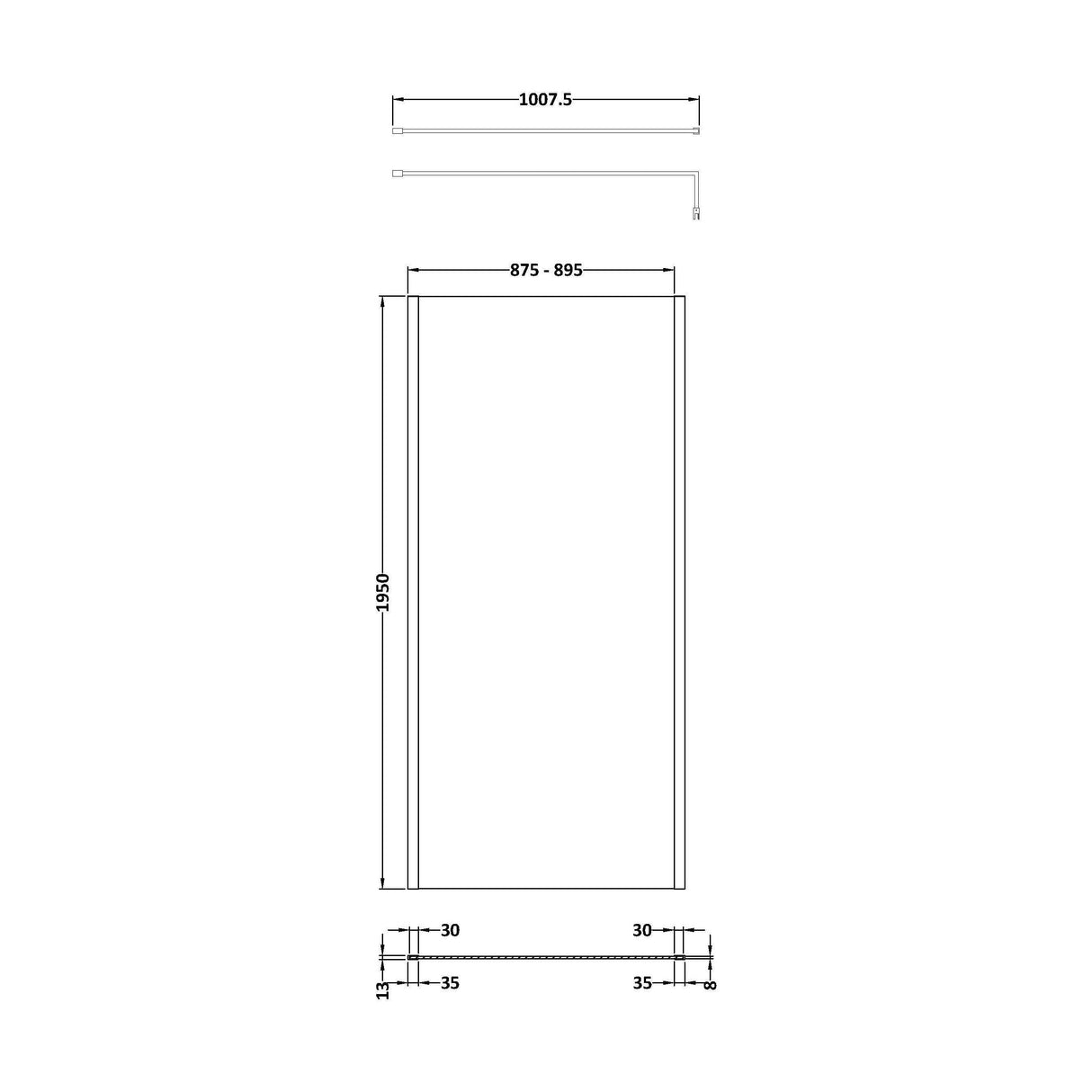 [BEOF900MB] Enson 8mm Toughened Safety Glass Outer Frame Wetroom Screen with Support Arm, H: 1950mm, Choice of Size and Colour - Technical Drawing