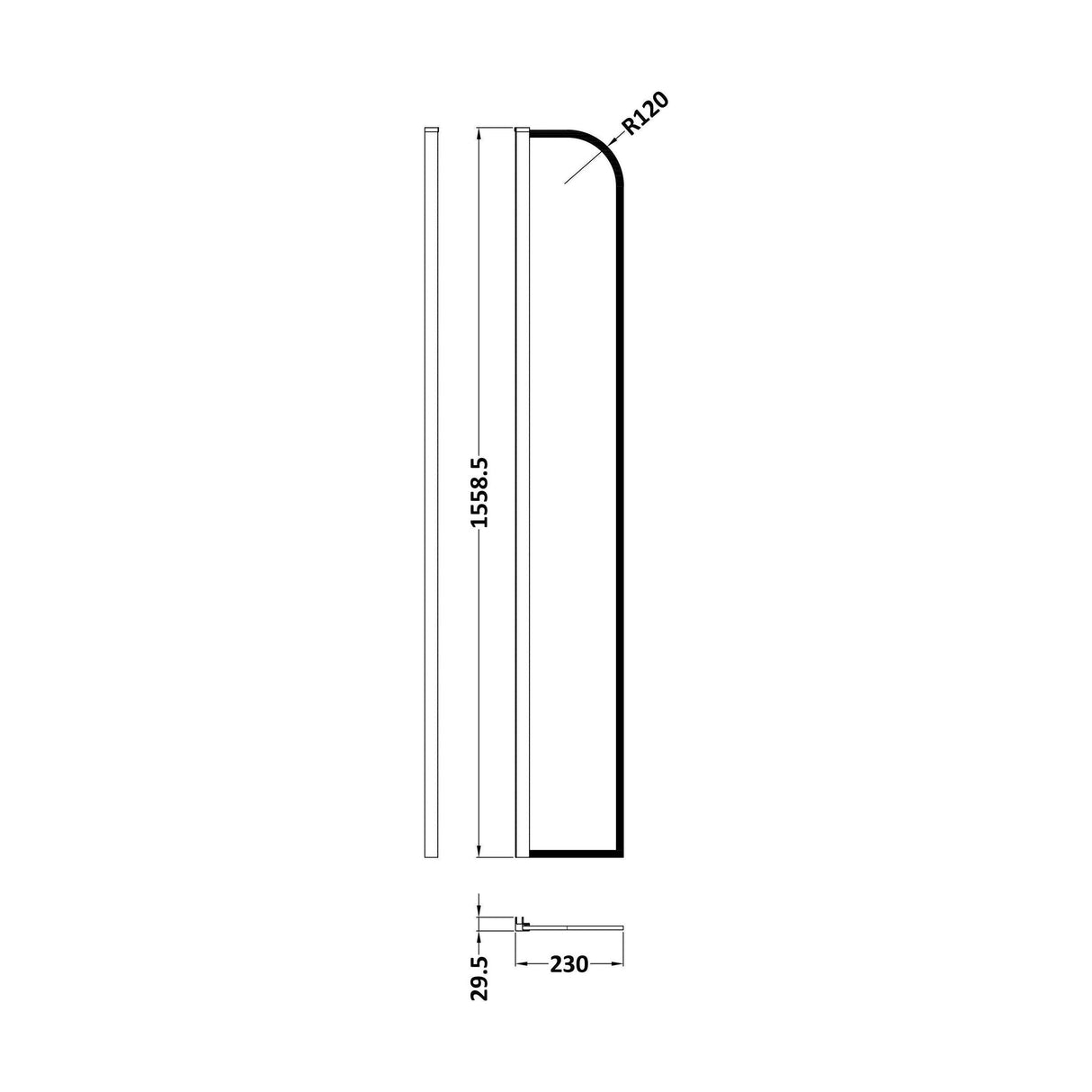 [BERBP215] Balterley Contemporary Bathroom 8mm Glass Arched Wetroom Return Screen, Matt Black, 1559 x 230 x 30mm - Technical Drawing
