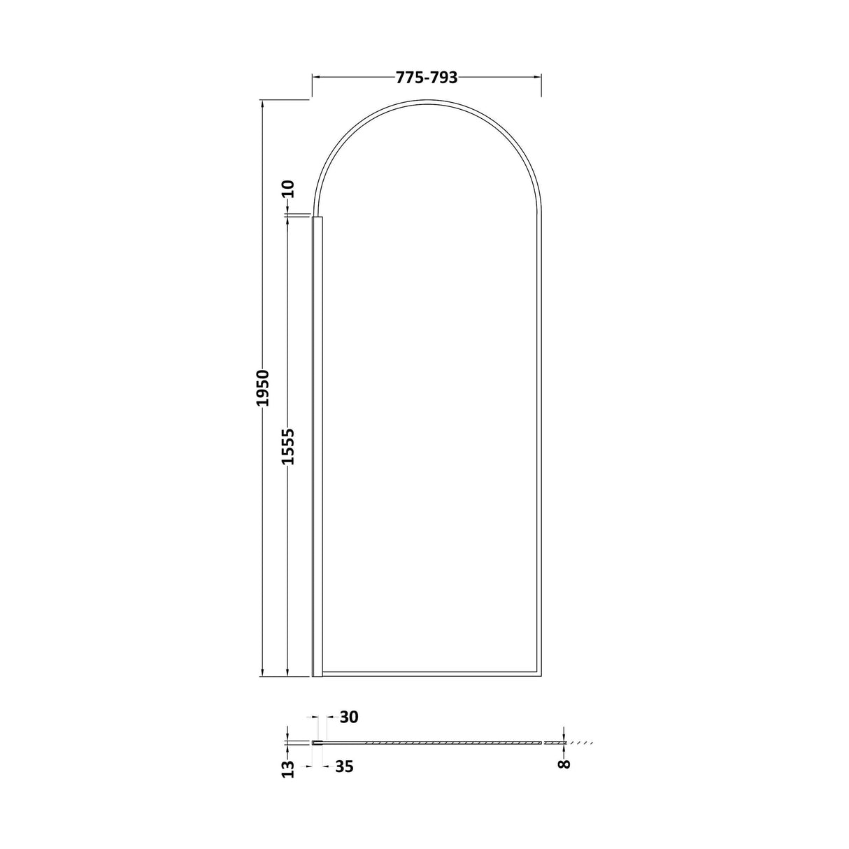 [BERBP80] Balterley Contemporary Bathroom 8mm Glass Arched Wetroom Screen, Matt Black, 1950 x 793 x 14mm - Technical Drawing