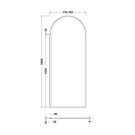 [BERBP80] Balterley Contemporary Bathroom 8mm Glass Arched Wetroom Screen, Matt Black, 1950 x 793 x 14mm - Technical Drawing